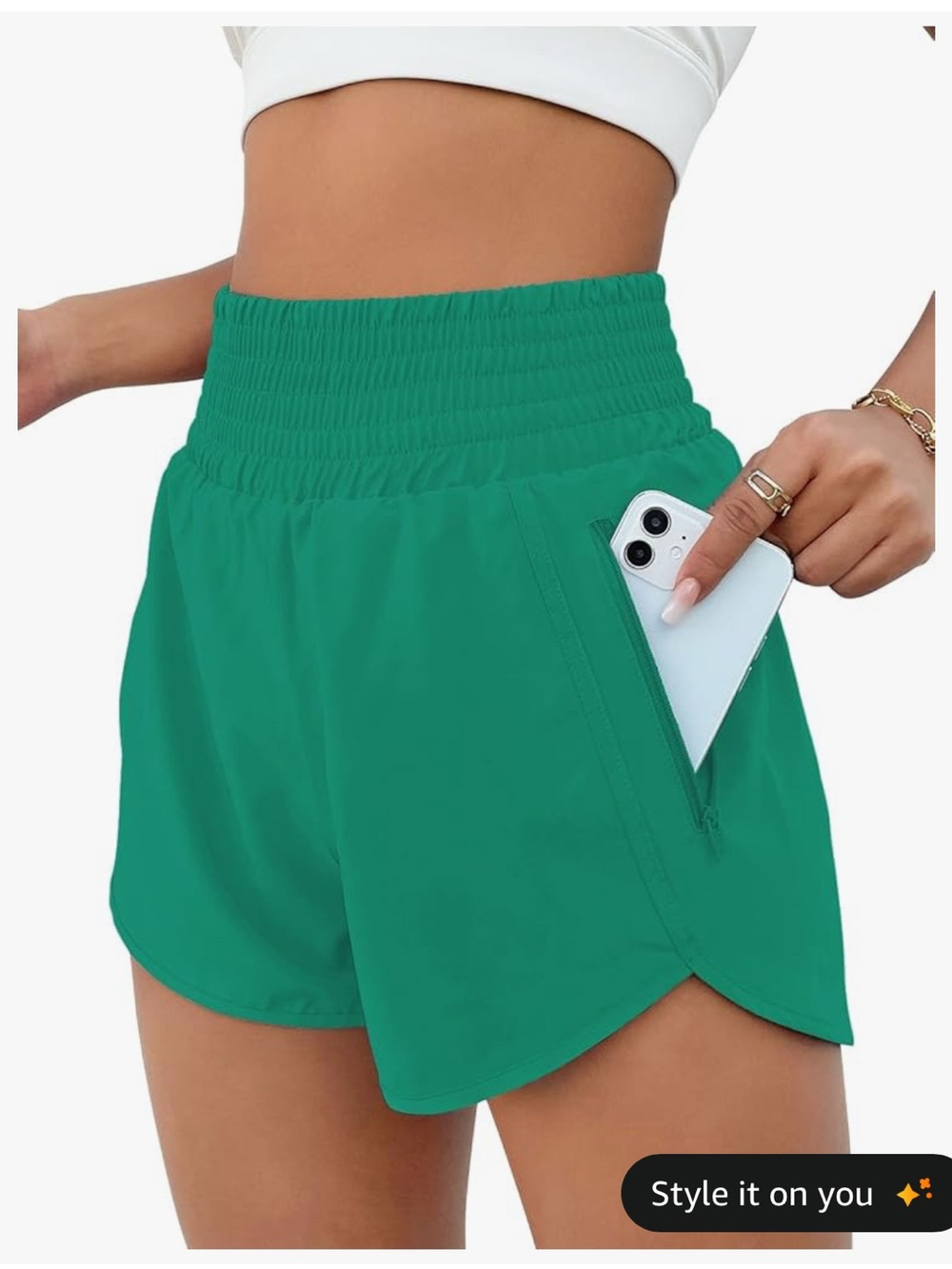 Smocked High-Waist Green Athletic Shorts with Zip Pocket